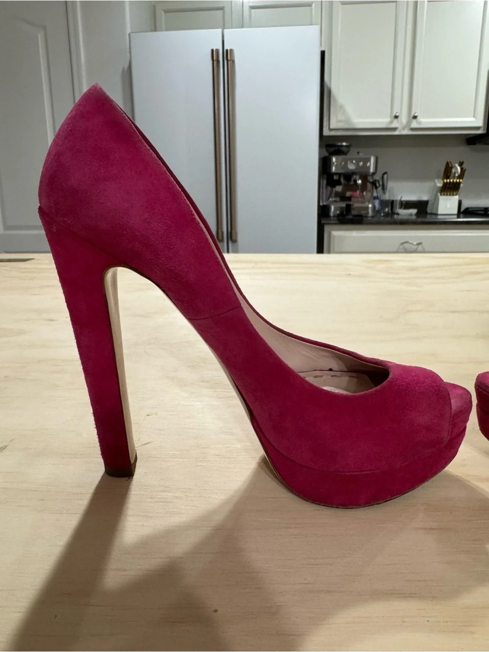 Miu Miu Hot Pink Suede Peep-Toe Platform Pumps